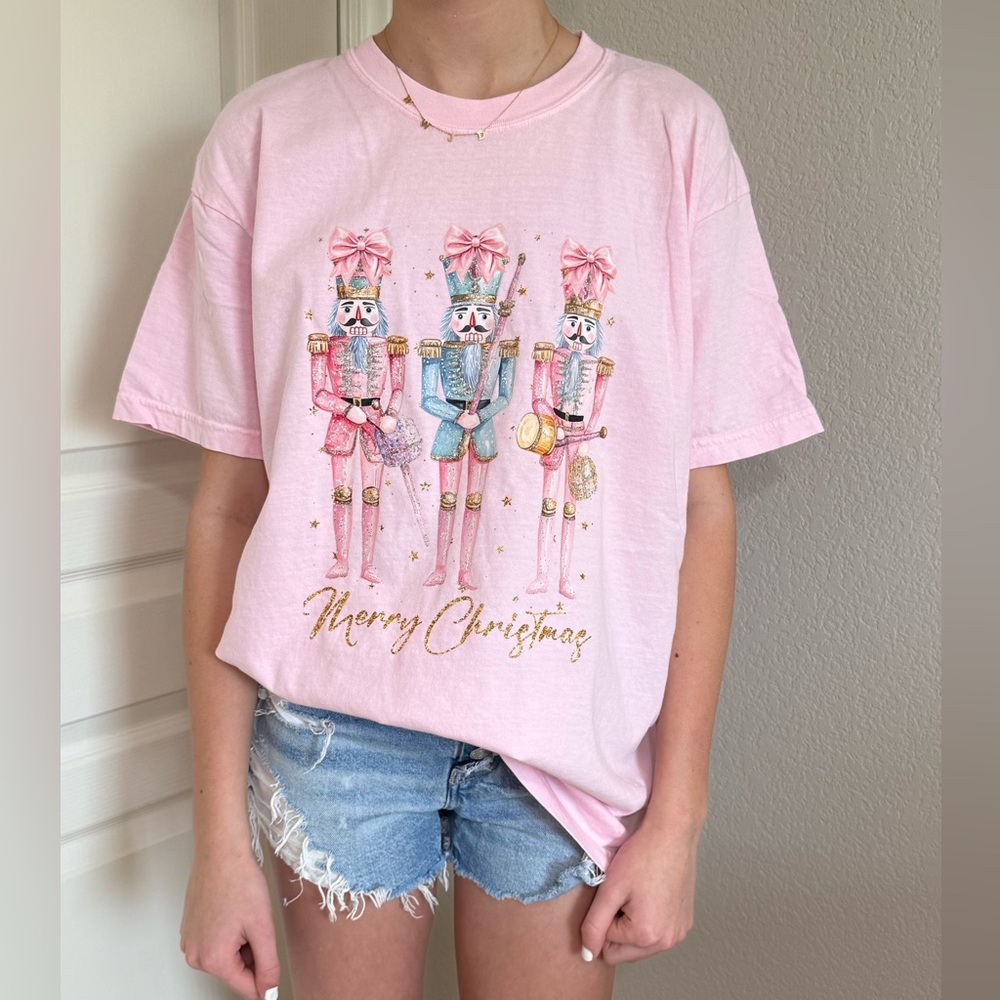 Womens Nutcracker Pink Gold Merry Christmas Comfort Colors Graphic Tee Shirt